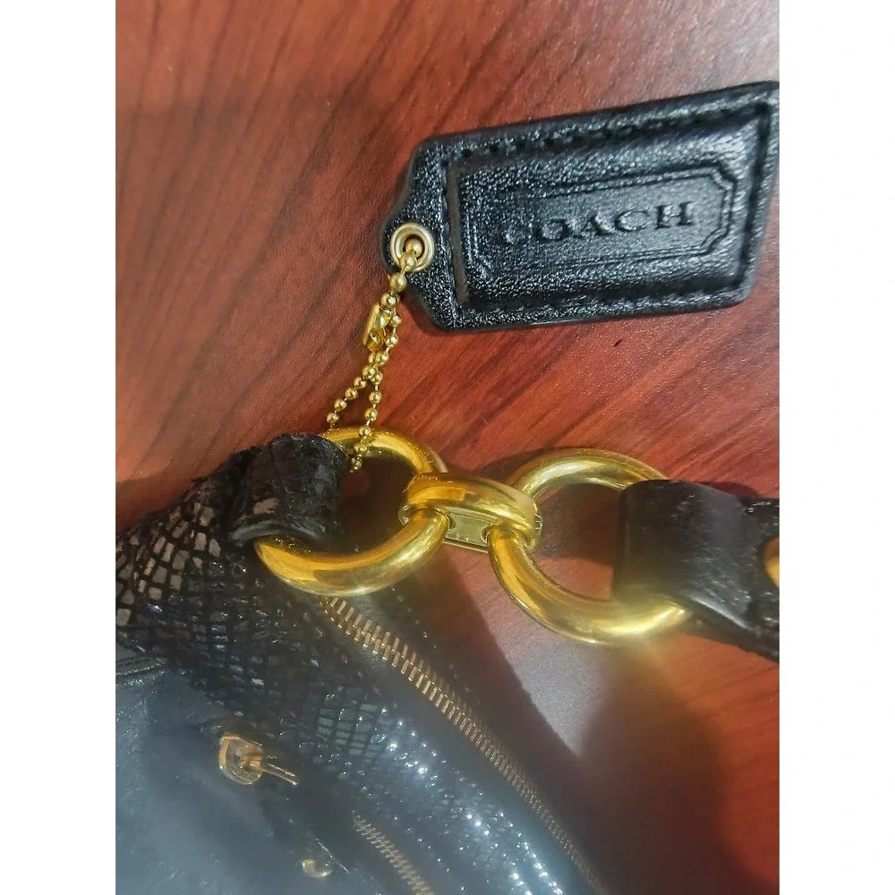 Coach Black Ashley Leather Snakeskin Trim Hobo‎ Bag F1260-F20114 Gold Hardware